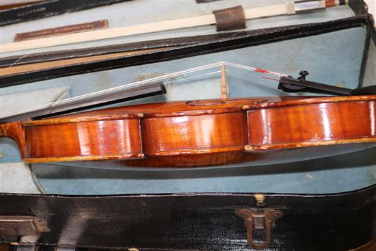 A 19th century violin with makers label C Nicholson of Leith, Edinburgh , cased with bow